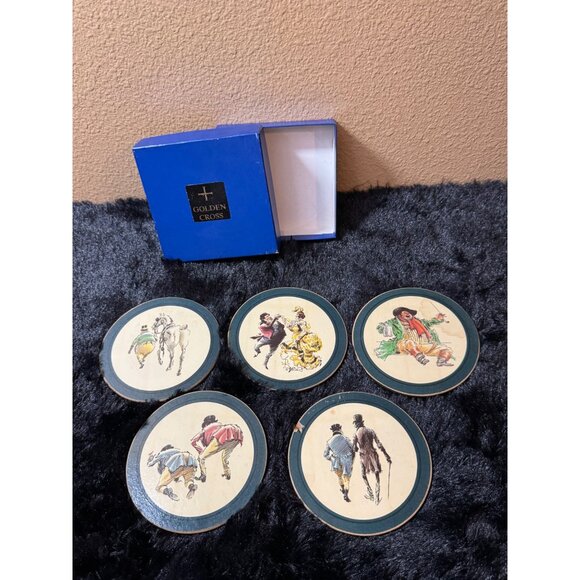 Vintage Golden Cross Coaster Set With Humorous Illustrations In Original Box - Picture 1 of 11